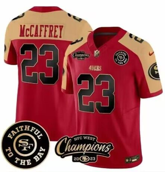 Men's San Francisco 49ers Active Player Custom Red Faithful & 2023 F.U.S.E. West Champions Patch Vapor Limited Stitched Football Jersey Men's San Francisco 49ers Active Player Custom Red Faithful & 2023 F.U.S.E. West Champions Patch Vapor Limited Stitched Football Jersey